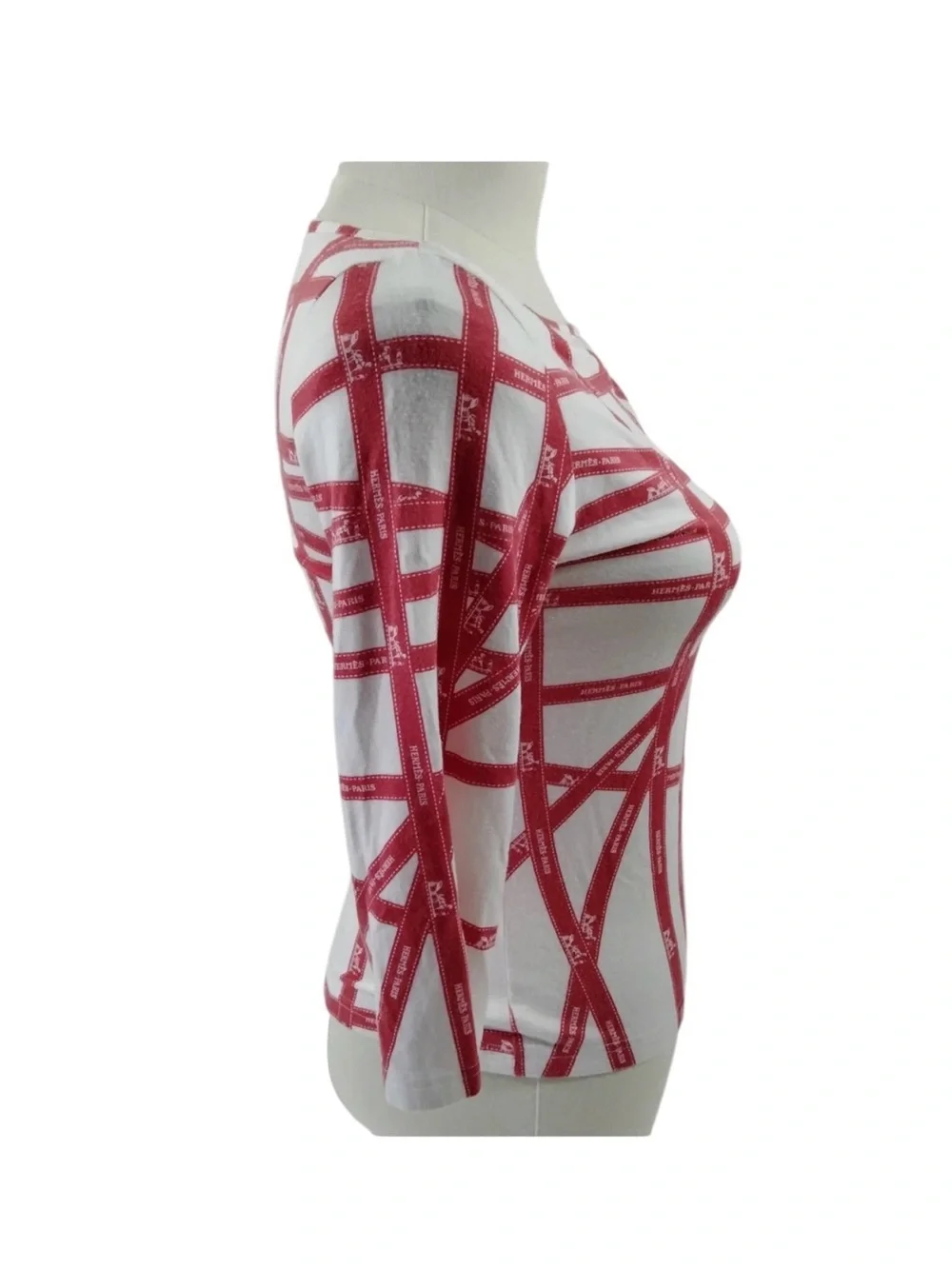 VINTAGE HERMES Red & White Grid-Print Scoop Neck Top Size S - Picture 4 of 11